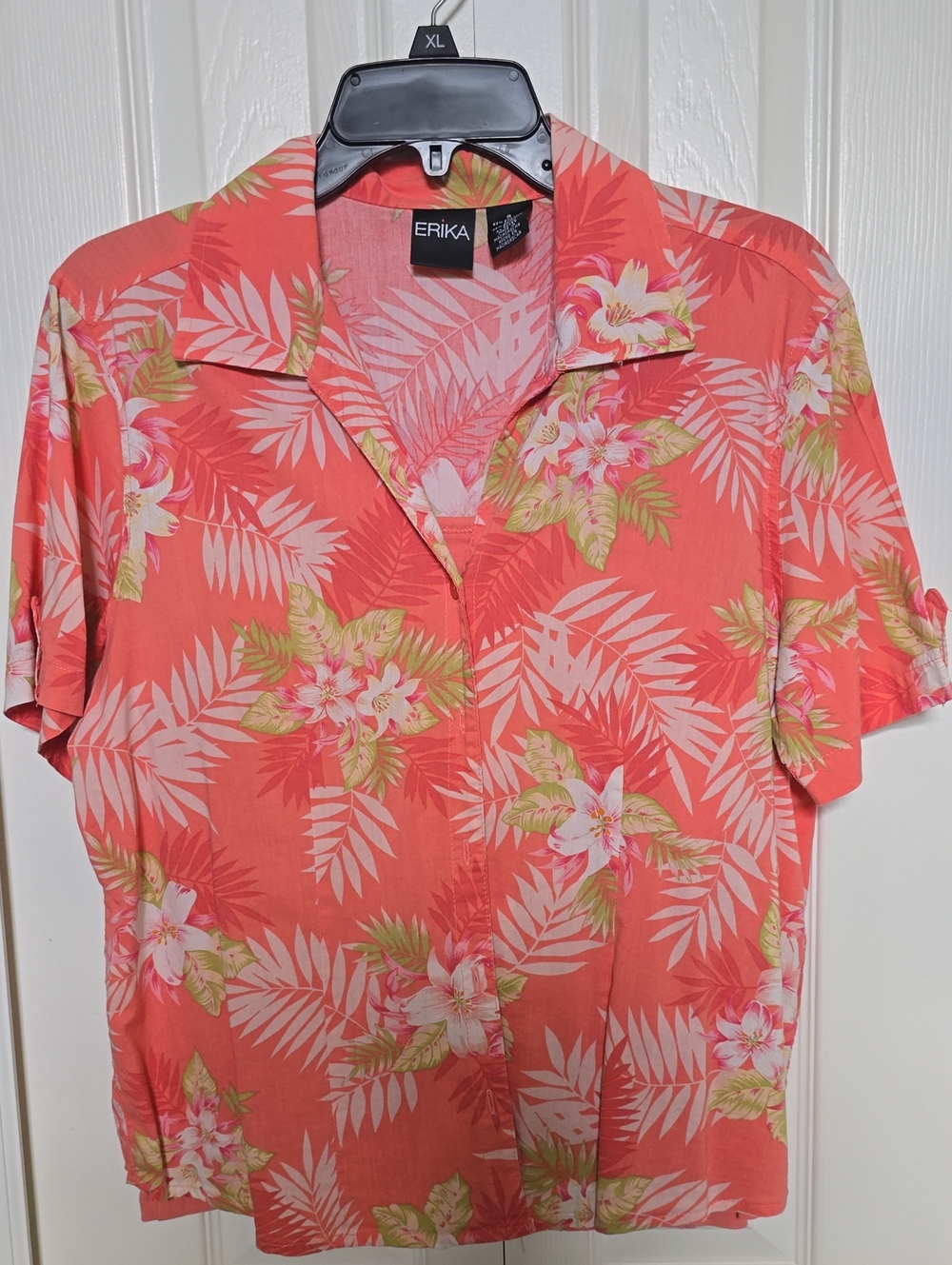 Erika Pink Coral Tropical Floral Short Sleeve Camp Shirt